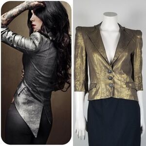 Kat Von D Gold Goth Glam Linen Rare Metallic Tesoro Asymmetric Blazer Size XS/S